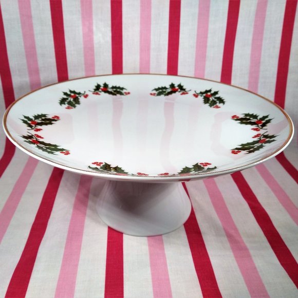 Beautiful Mid Century Holly Berry Ceramic Cake Plate Stand Holiday Server Japan - Picture 1 of 12